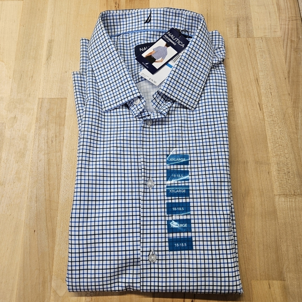 Nautica Men's Slim Fit Stretch Performance S/S Dress Shirt, Blue XXL 18-18.5